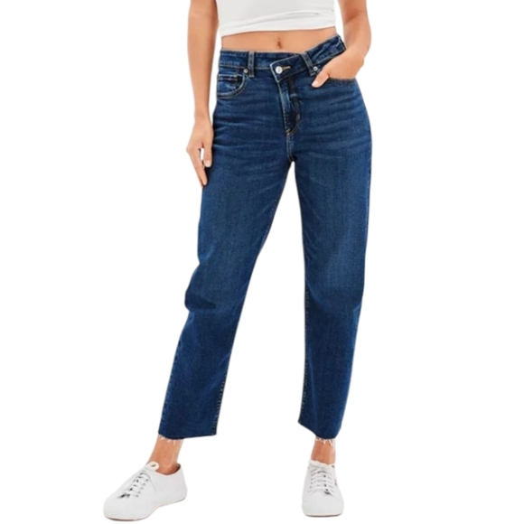 American Eagle Outfitters Denim - AMERICAN EAGLE Mom Straight Jeans Women 2 Blue Stretch High Rise Raw Hem Western